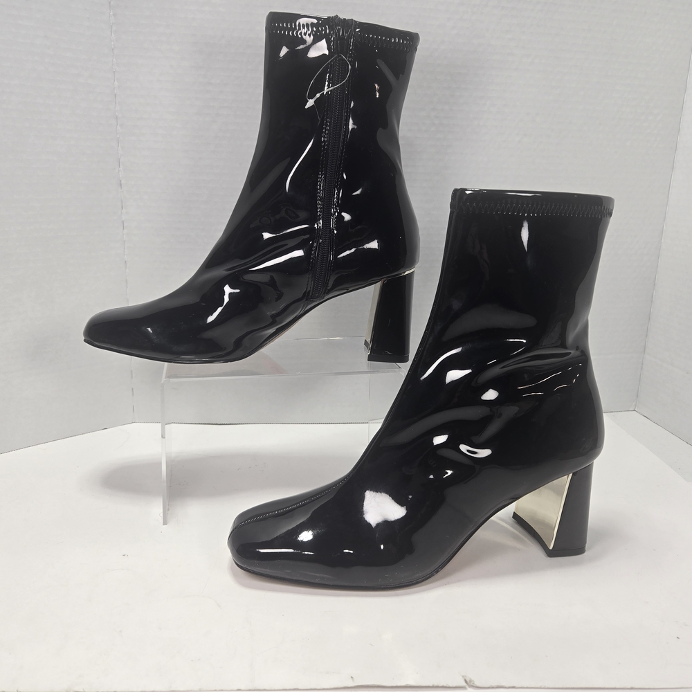 Aldo Talobreclya Glossy Black And Gold Square Toed Heeled Boots Size 9.5 9 1/2